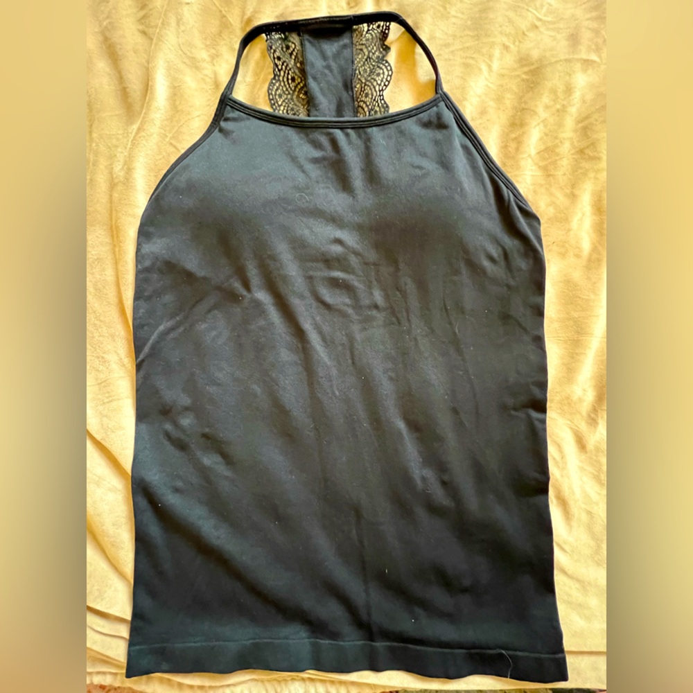 Fabletics T-Back Tank with Lace Detail, Shelf Bra with Removable Pads Sz S